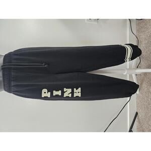 PINK Black Sweatpants with White Stripes and Logo
